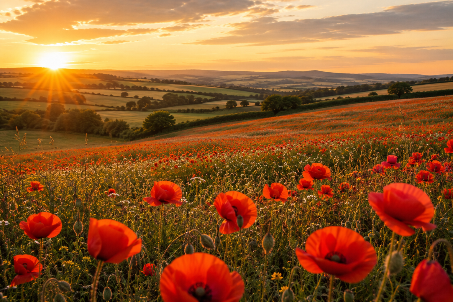 Golden Sunset Over Poppy Fields