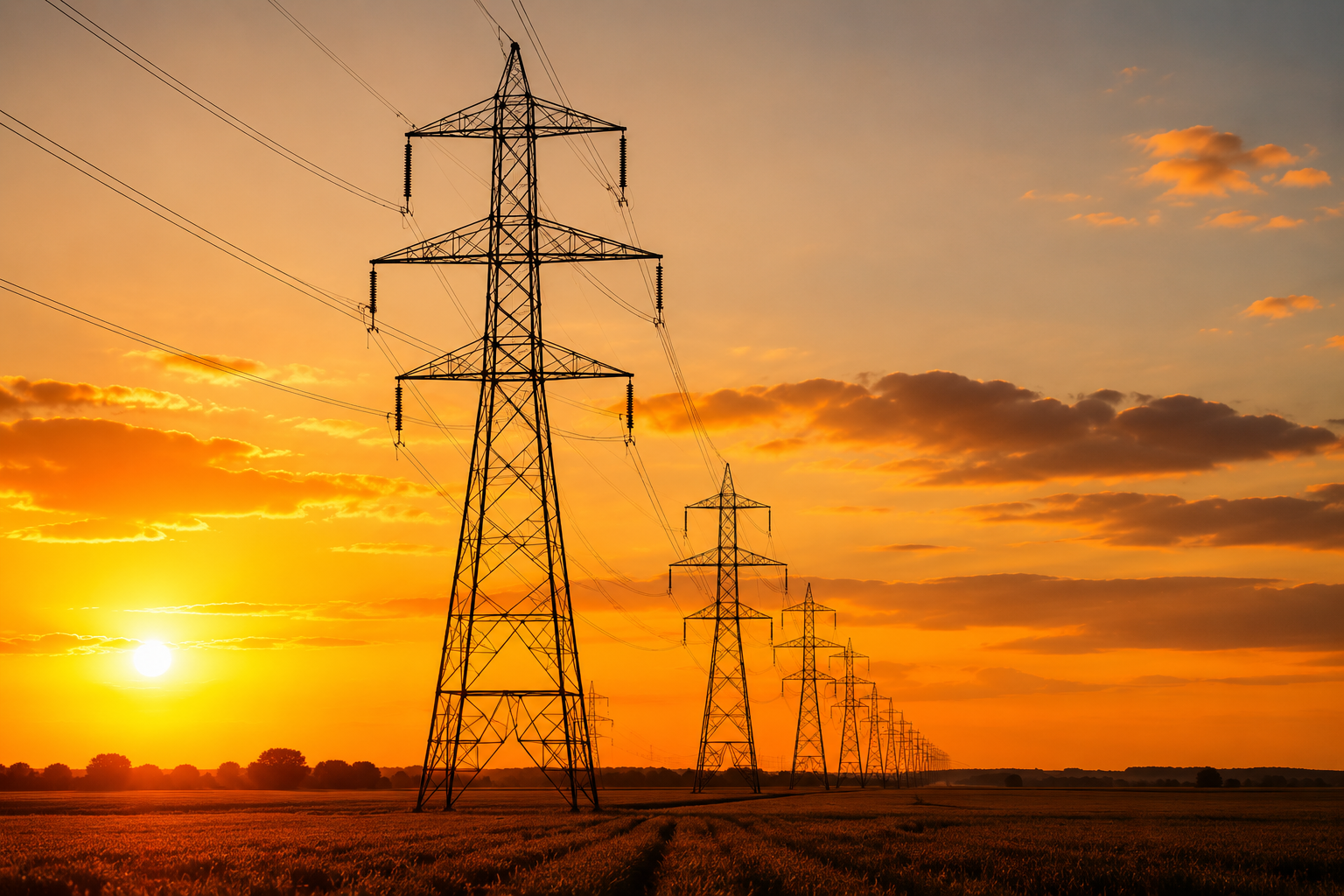 Tall electricity pylons line a rural field at sunset, their dark silhouettes set against an intense orange sky with scattered clouds.