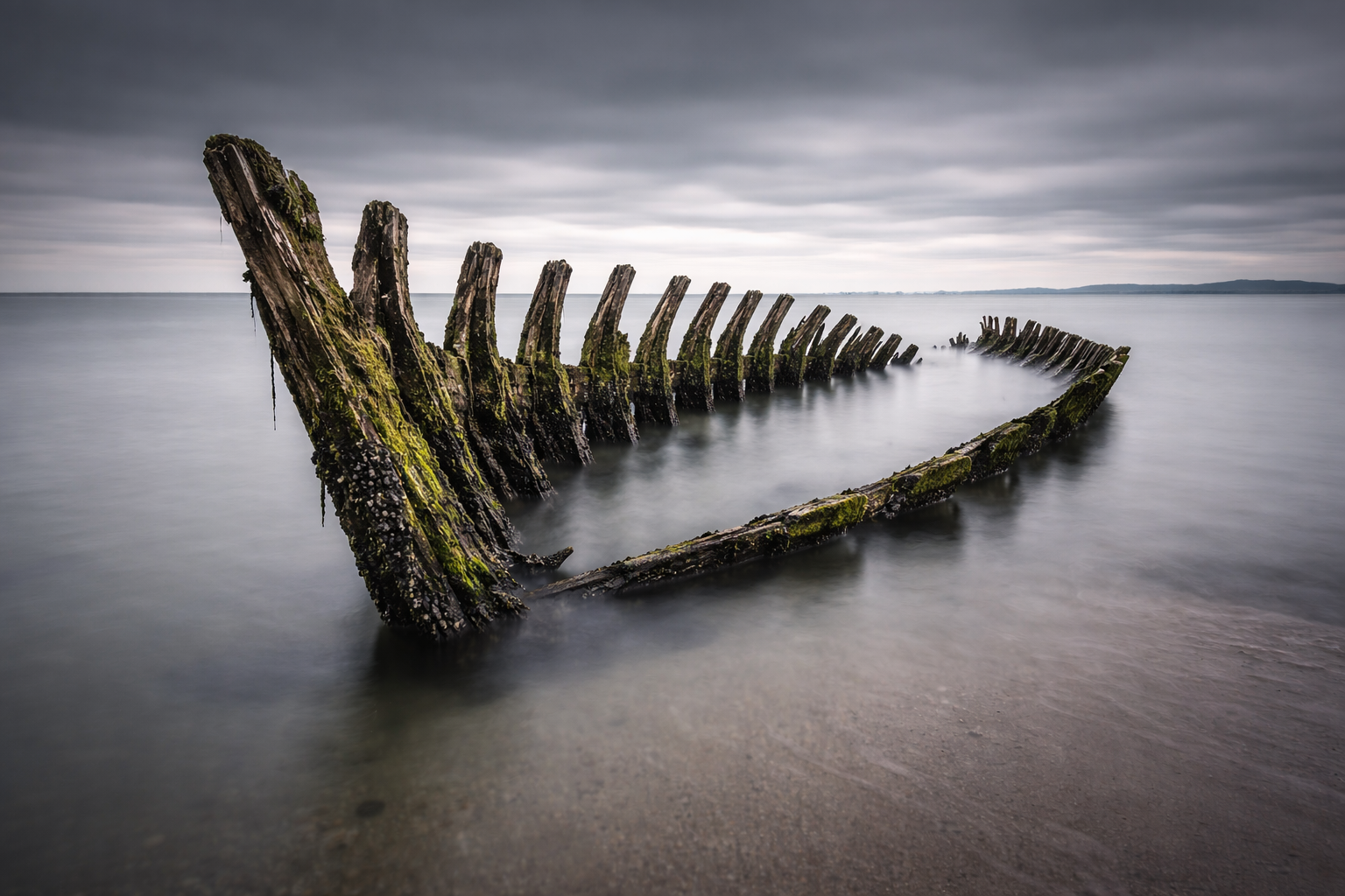 Misty shipwreck under twilight skies